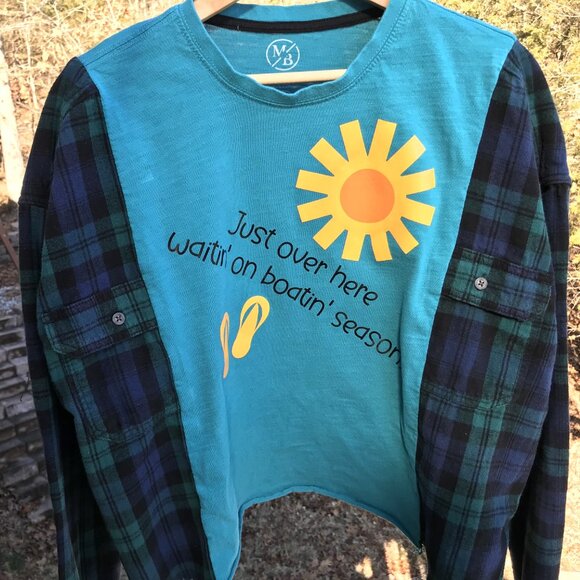 Flannel Tee Upcycle, Size M-L: Oversized Teal Boating Season Graphic Shirt - Picture 9 of 12